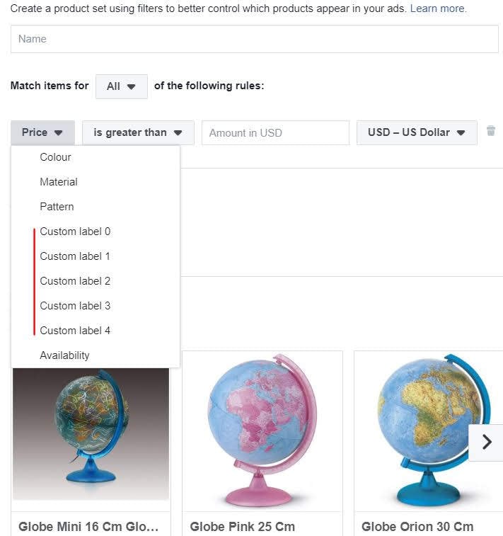 Les-ensembles-de-produits-facebook-filtrent-les-étiquettes-personnalisées
